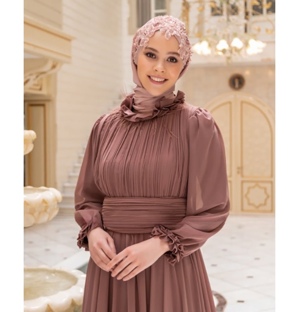 Modefa Instant Hijabs Rose Pink with Pink Beads Lux Chiffon Evening Shawl Instant Hijab with Floral Sequined Bonnet - Rose Pink with Pink Beads