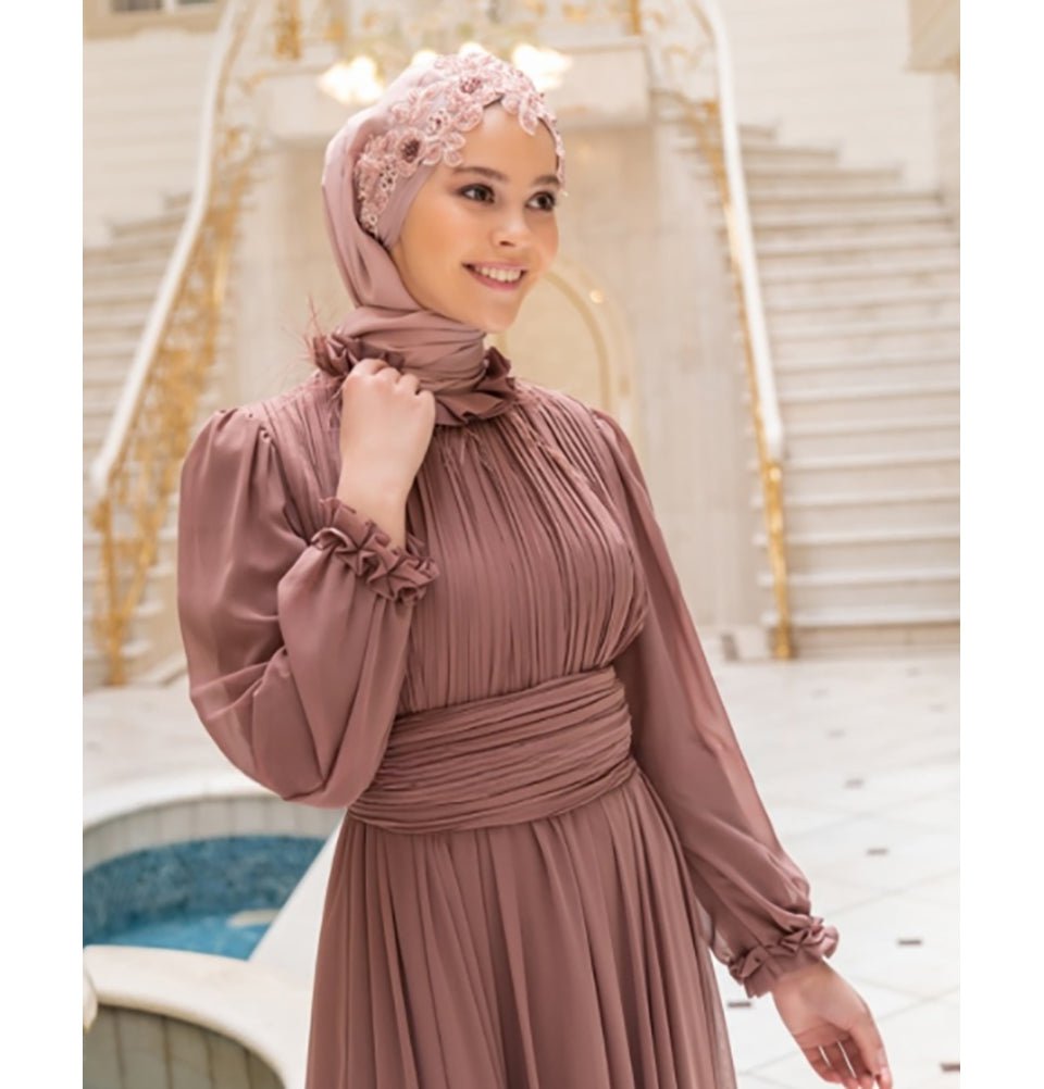 Modefa Instant Hijabs Rose Pink with Pink Beads Lux Chiffon Evening Shawl Instant Hijab with Floral Sequined Bonnet - Rose Pink with Pink Beads