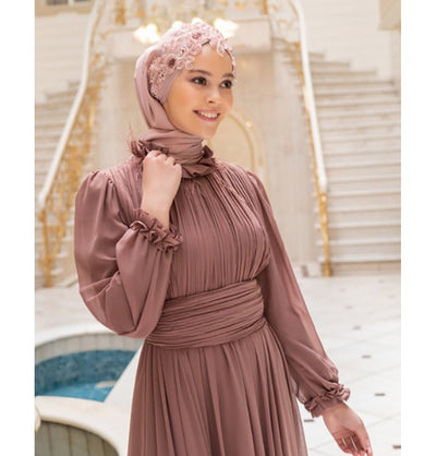 Modefa Instant Hijabs Rose Pink with Pink Beads Lux Chiffon Evening Shawl Instant Hijab with Floral Sequined Bonnet - Rose Pink with Pink Beads