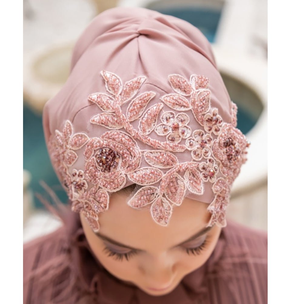 Modefa Instant Hijabs Rose Pink with Pink Beads Lux Chiffon Evening Shawl Instant Hijab with Floral Sequined Bonnet - Rose Pink with Pink Beads