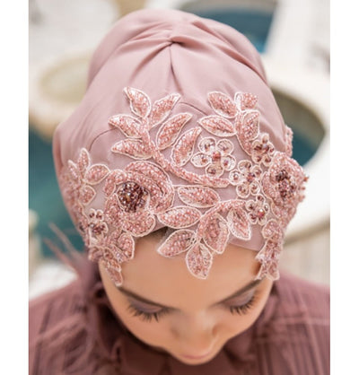 Modefa Instant Hijabs Rose Pink with Pink Beads Lux Chiffon Evening Shawl Instant Hijab with Floral Sequined Bonnet - Rose Pink with Pink Beads