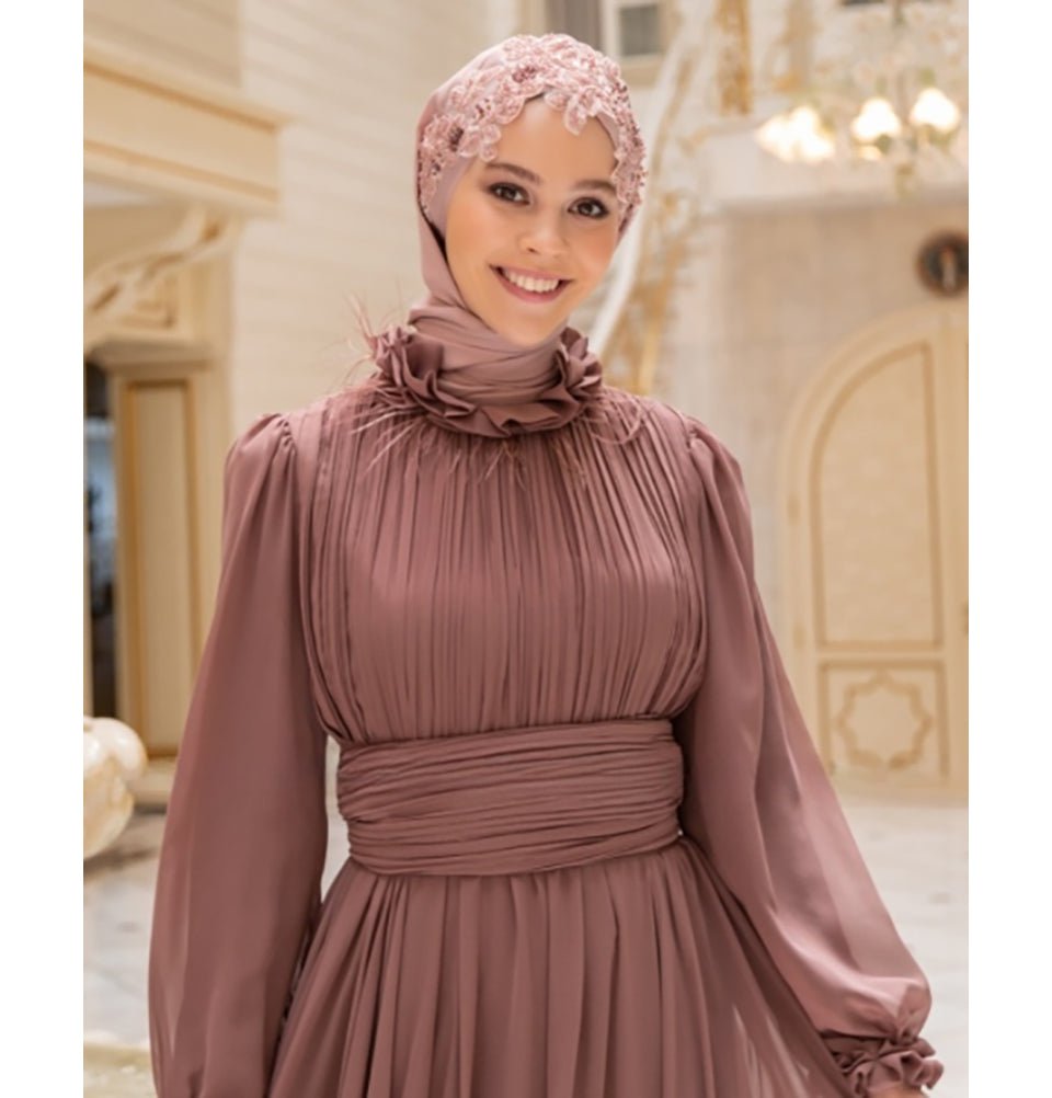 Modefa Instant Hijabs Rose Pink with Pink Beads Lux Chiffon Evening Shawl Instant Hijab with Floral Sequined Bonnet - Rose Pink with Pink Beads