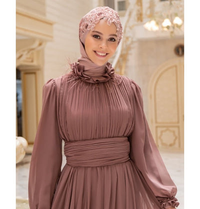 Modefa Instant Hijabs Rose Pink with Pink Beads Lux Chiffon Evening Shawl Instant Hijab with Floral Sequined Bonnet - Rose Pink with Pink Beads