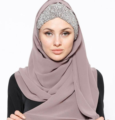 Modefa Instant Hijabs Taupe with Silver Beads Chic Chiffon Shawl Instant Hijab with Sequined Bonnet - Taupe