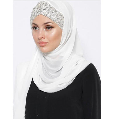 Modefa Instant Hijabs White with Silver Beads Chic Chiffon Shawl Instant Hijab with Sequined Bonnet - White with Silver Beads