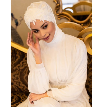 Modefa Instant Hijabs White with White Beads Lux Chiffon Evening Shawl Instant Hijab with Floral Sequined Bonnet - White with White Beads