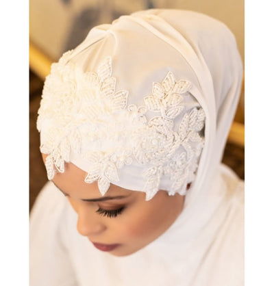 Modefa Instant Hijabs White with White Beads Lux Chiffon Evening Shawl Instant Hijab with Floral Sequined Bonnet - White with White Beads