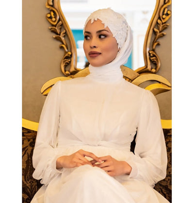 Modefa Instant Hijabs White with White Beads Lux Chiffon Evening Shawl Instant Hijab with Floral Sequined Bonnet - White with White Beads