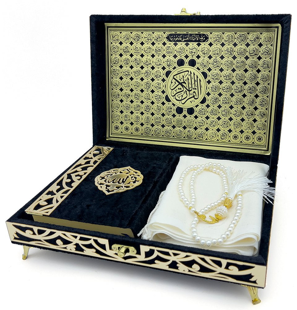 Modefa Islamic Decor Black Holy Quran Keepsake Ikra Gift Set for Women - With Hijab & Tasbih - Black