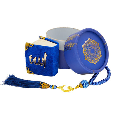 Modefa Islamic Decor Blue Cylinder Gift Box Set with Prayer Mat & Prayer Bead - Blue