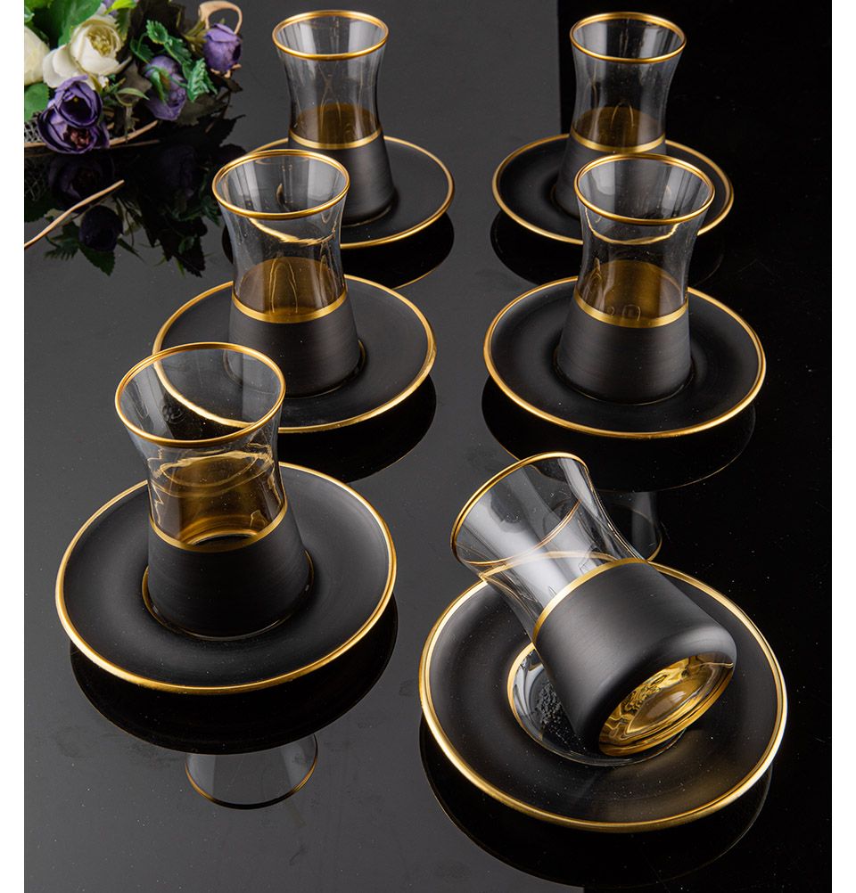 Desa Tea 6 Piece Modern Turkish Tea Cup Set | Desa 95-714 Black and Gold