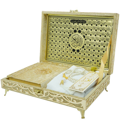 Modefa Islamic Decor Gold Holy Quran Keepsake Ikra Gift Set for Women - With Hijab & Tesbih Gold
