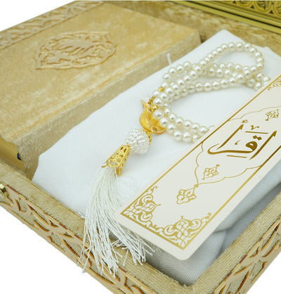 Modefa Islamic Decor Gold Holy Quran Keepsake Ikra Gift Set for Women - With Hijab & Tesbih Gold