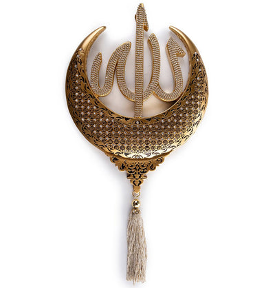 Modefa Islamic Decor Gold Islamic Wall Hanging Decor With Tassel - Allah and Muhammad Crescent Set - Esma Gold