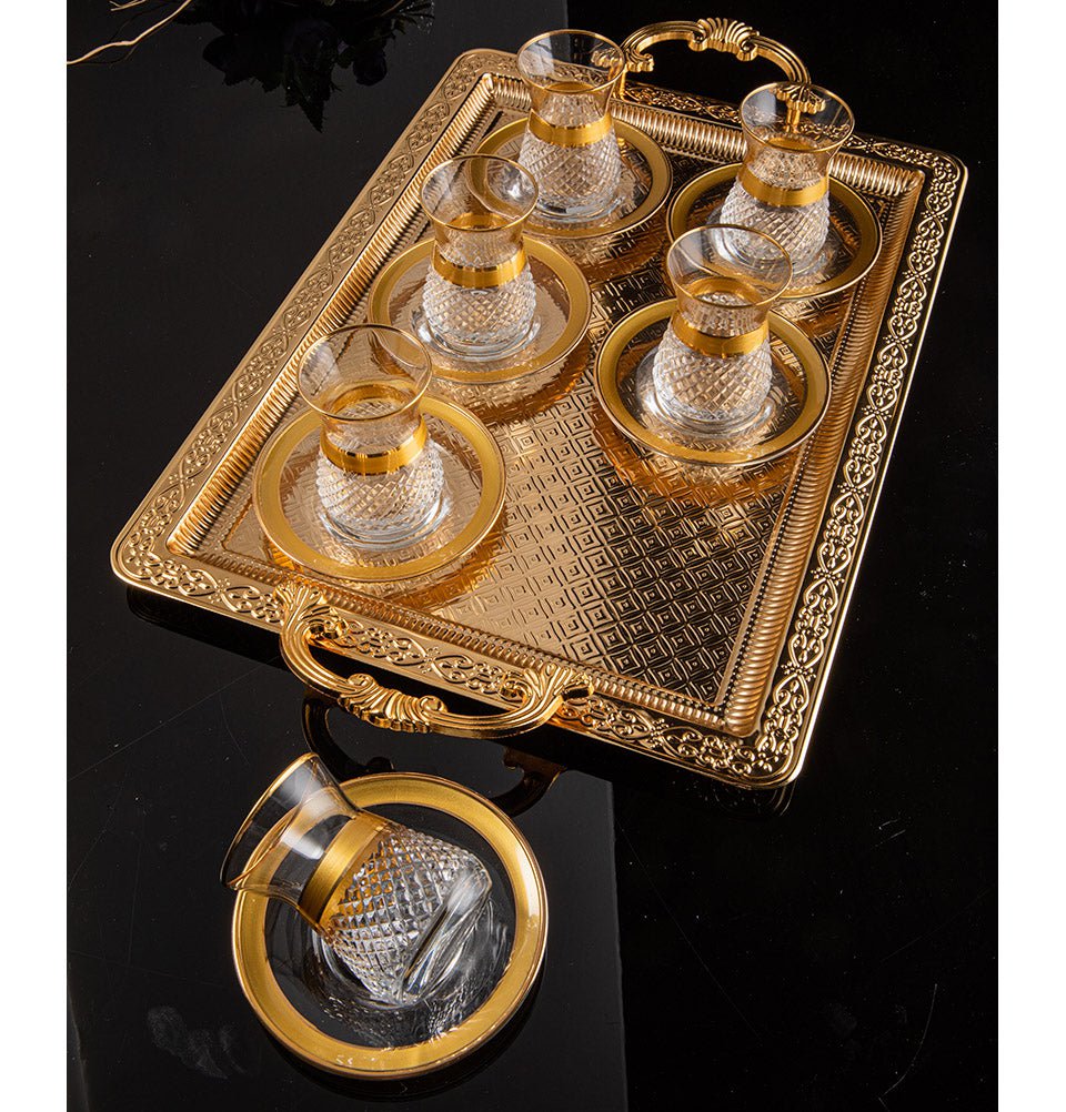 Modefa Islamic Decor Gold Turkish Luxury 7 Piece Irem Tea Cup Set with Rectangular Tray 95-713 Gold