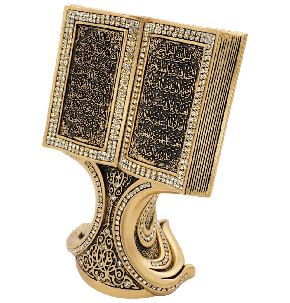 Modefa Islamic Decor Islamic Table Decor | Quran Open Book with Al-Fatiha & Ayatul Kursi | Gold 181-3S