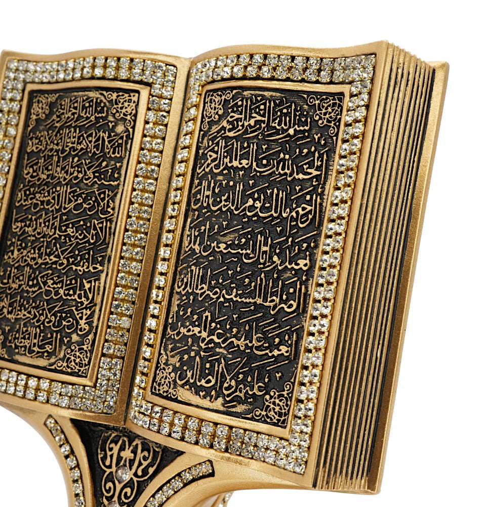 Modefa Islamic Decor Islamic Table Decor | Quran Open Book with Al-Fatiha & Ayatul Kursi | Gold 181-3S