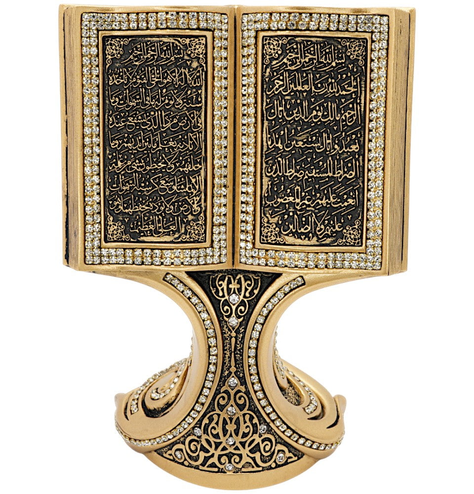 Modefa Islamic Decor Islamic Table Decor | Quran Open Book with Al-Fatiha & Ayatul Kursi | Gold 181-3S