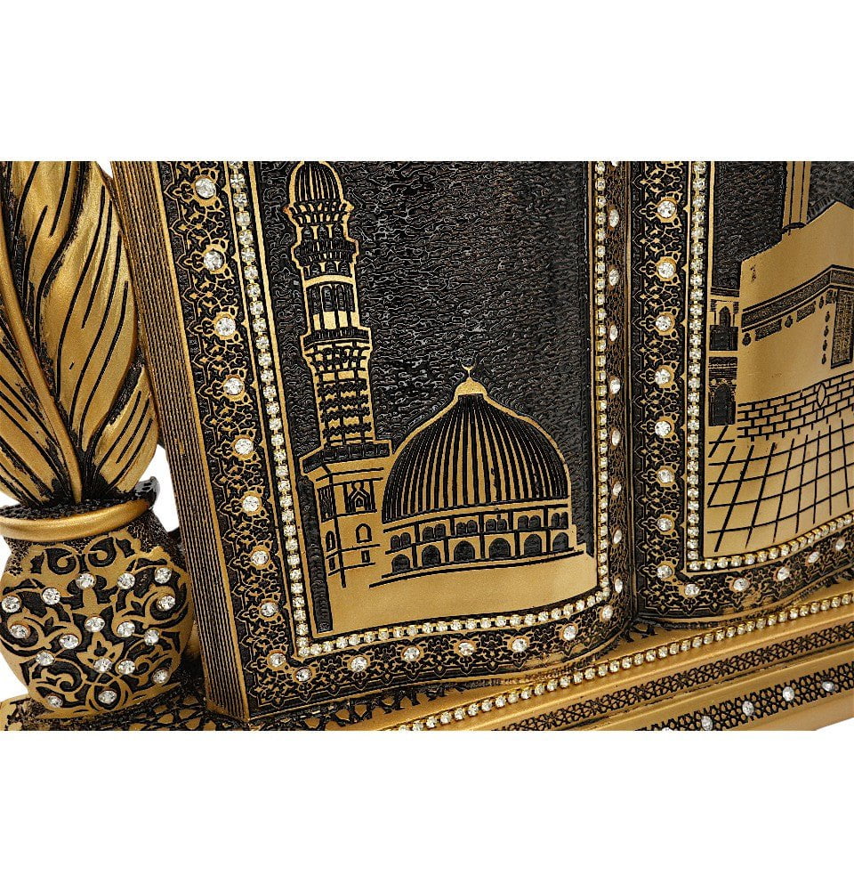Modefa Islamic Decor Kaba Nabawi - Gold Islamic Table Decor Clock and Mushaf - Kaba Nabawi S6025 - Gold