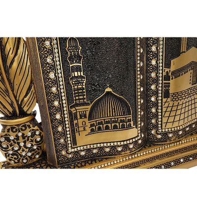 Modefa Islamic Decor Kaba Nabawi - Gold Islamic Table Decor Clock and Mushaf - Kaba Nabawi S6025 - Gold