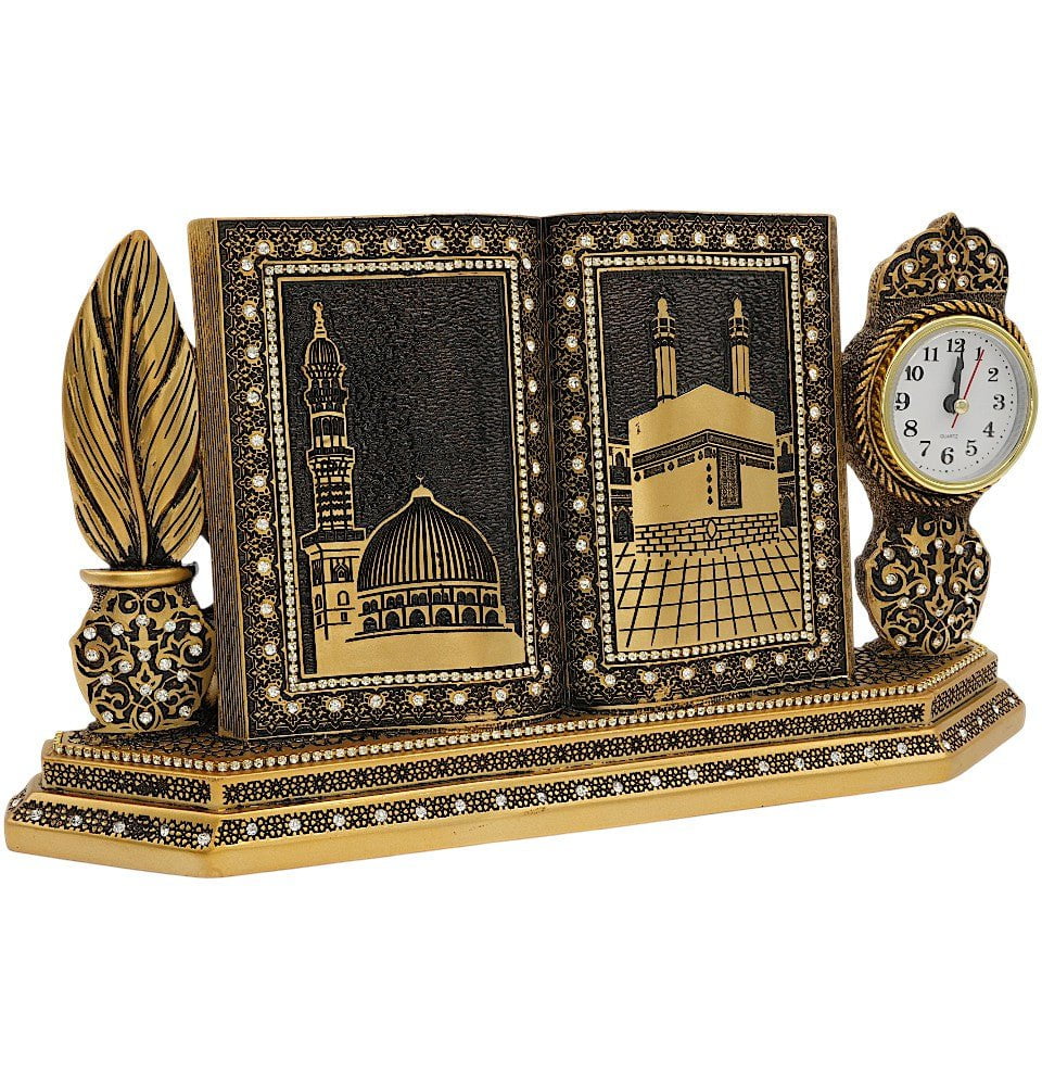 Modefa Islamic Decor Kaba Nabawi - Gold Islamic Table Decor Clock and Mushaf - Kaba Nabawi S6025 - Gold