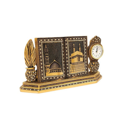 Modefa Islamic Decor Kaba Nabawi - Gold Islamic Table Decor Clock and Mushaf - Kaba Nabawi S6025 - Gold