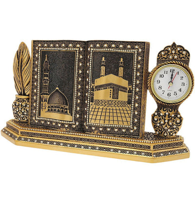 Modefa Islamic Decor Kaba Nabawi - Gold Islamic Table Decor Clock and Mushaf - Kaba Nabawi S6025 - Gold
