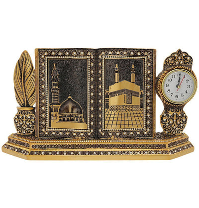 Modefa Islamic Decor Kaba Nabawi - Gold Islamic Table Decor Clock and Mushaf - Kaba Nabawi S6025 - Gold