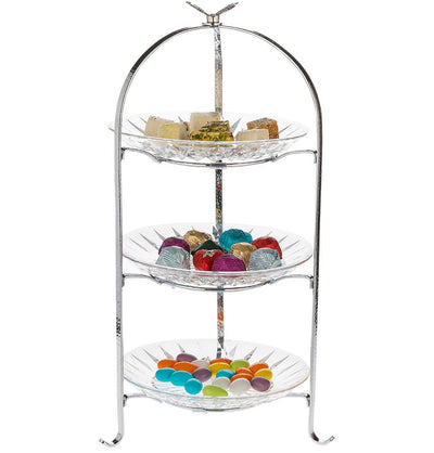 Modefa Islamic Decor Silver Chrome Plated 3 Tier Sweets Tray with Butterfly Handle 96-006-9591 Silver