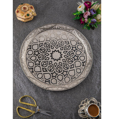 Modefa Islamic Decor Silver Turkish Circular Serving Tray | Selcuk Star 185-6-11 Silver