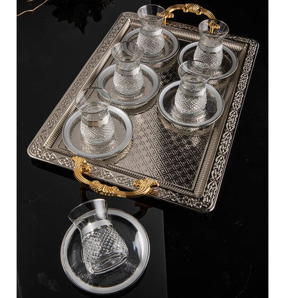 Modefa Islamic Decor Silver Turkish Luxury 7 Piece Irem Tea Cup Set with Rectangular Tray 95-713 Silver