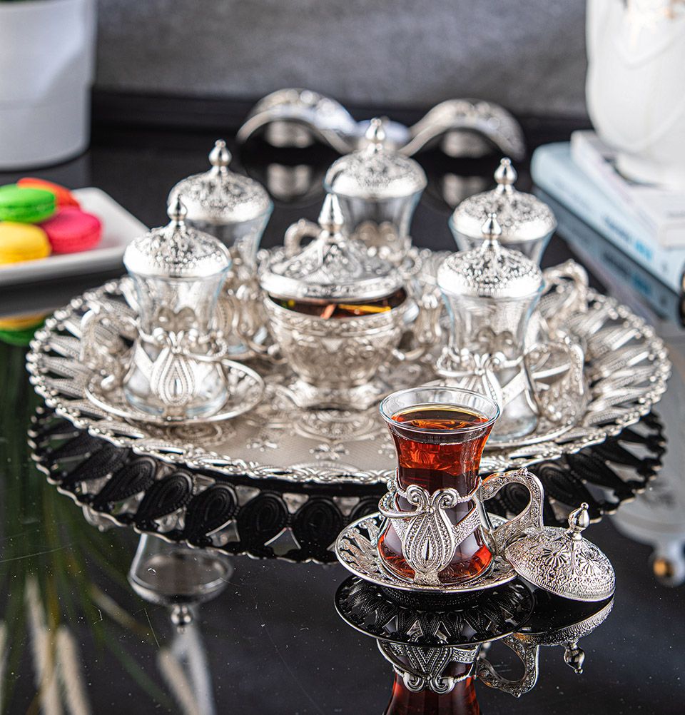 Modefa Islamic Decor Silver Turkish Luxury 8 Piece Tulip Tea Cup Set | Ottoman Style with Circular Tray 325-K-11 Silver