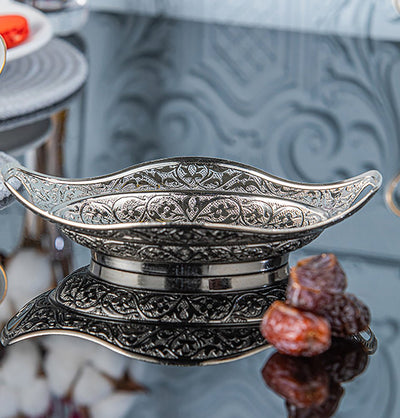Modefa Islamic Decor Turkish Candy Bowl | Ottoman Style Engraved | Oval Serving Dish - Silver