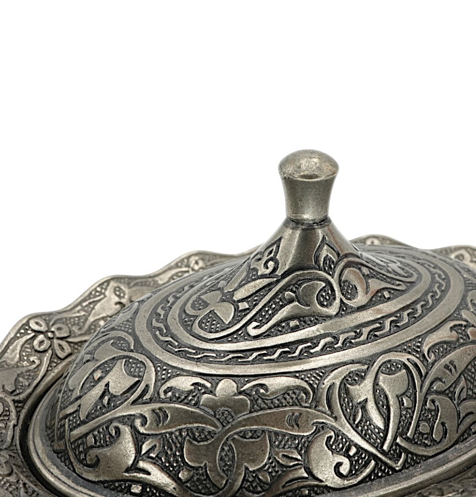 Modefa Islamic Decor Turkish Tea Sugar Bowl | Ottoman Style Engraved | Mini Oval Covered Dish Bowl - Silver