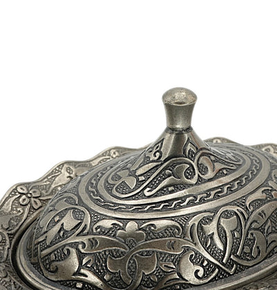 Modefa Islamic Decor Turkish Tea Sugar Bowl | Ottoman Style Engraved | Mini Oval Covered Dish Bowl - Silver