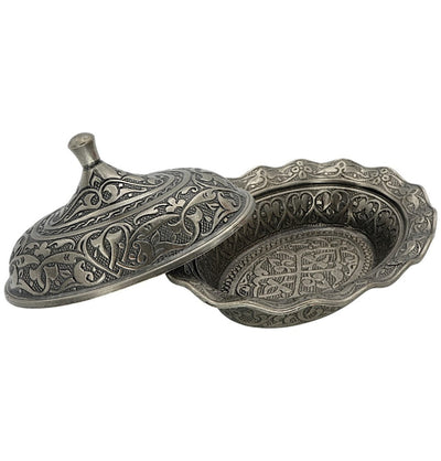 Modefa Islamic Decor Turkish Tea Sugar Bowl | Ottoman Style Engraved | Mini Oval Covered Dish Bowl - Silver
