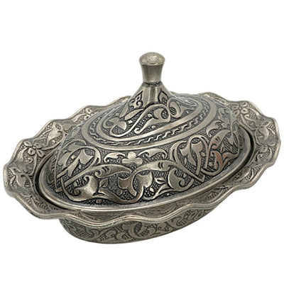 Modefa Islamic Decor Turkish Tea Sugar Bowl | Ottoman Style Engraved | Mini Oval Covered Dish Bowl - Silver
