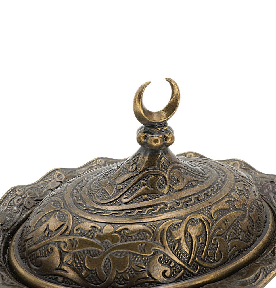 Modefa Islamic Decor Turkish Tea Sugar Bowl | Ottoman Style Engraved | Mini Oval Covered Dish Bowl with Crescent - Bronze