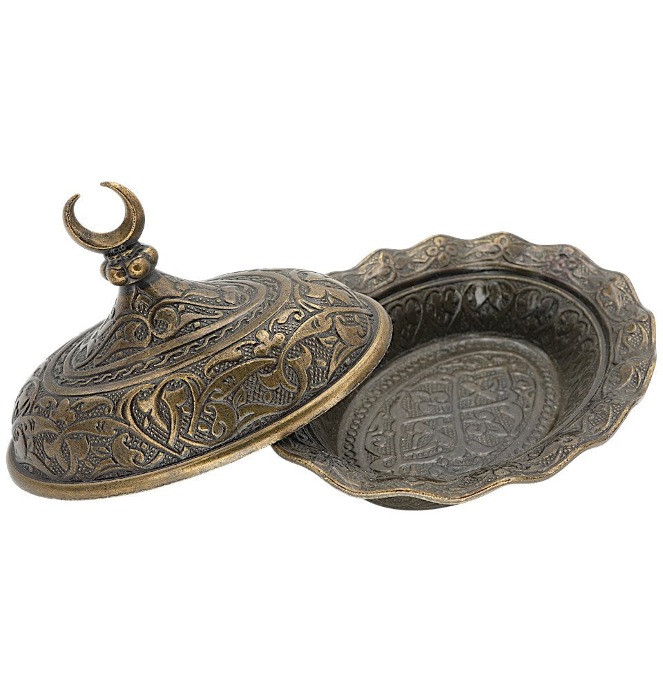 Modefa Islamic Decor Turkish Tea Sugar Bowl | Ottoman Style Engraved | Mini Oval Covered Dish Bowl with Crescent - Bronze