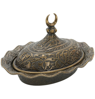 Modefa Islamic Decor Turkish Tea Sugar Bowl | Ottoman Style Engraved | Mini Oval Covered Dish Bowl with Crescent - Bronze