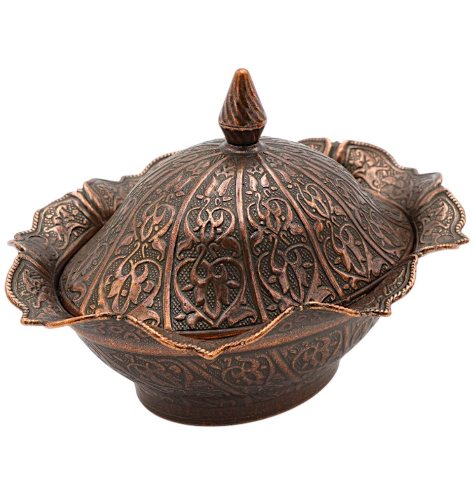 Modefa Islamic Decor Turkish Tea Sugar Bowl | Ottoman Style Engraved | Oval Covered Dish Bowl - Copper