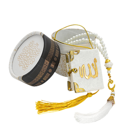 Modefa Islamic Decor White Cylinder Gift Box Set with Prayer Mat & Prayer Bead - Kaba White