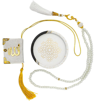 Modefa Islamic Decor White Cylinder Gift Box Set with Prayer Mat & Prayer Bead - Kaba White