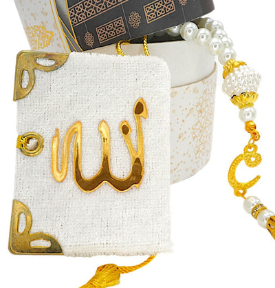 Modefa Islamic Decor White Cylinder Gift Box Set with Prayer Mat & Prayer Bead - Kaba White
