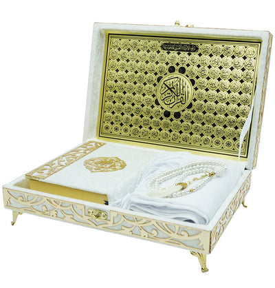 Modefa Islamic Decor White Holy Quran Keepsake Ikra Gift Set for Women - With Hijab & Tesbih White