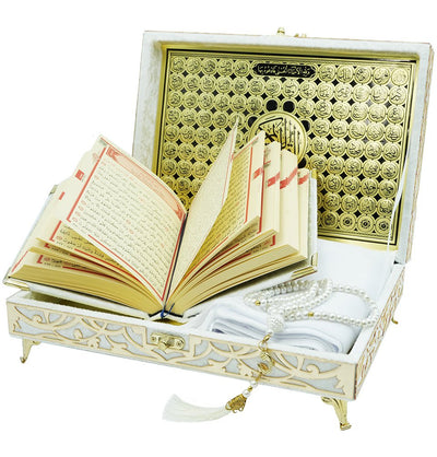 Modefa Islamic Decor White Holy Quran Keepsake Ikra Gift Set for Women - With Hijab & Tesbih White
