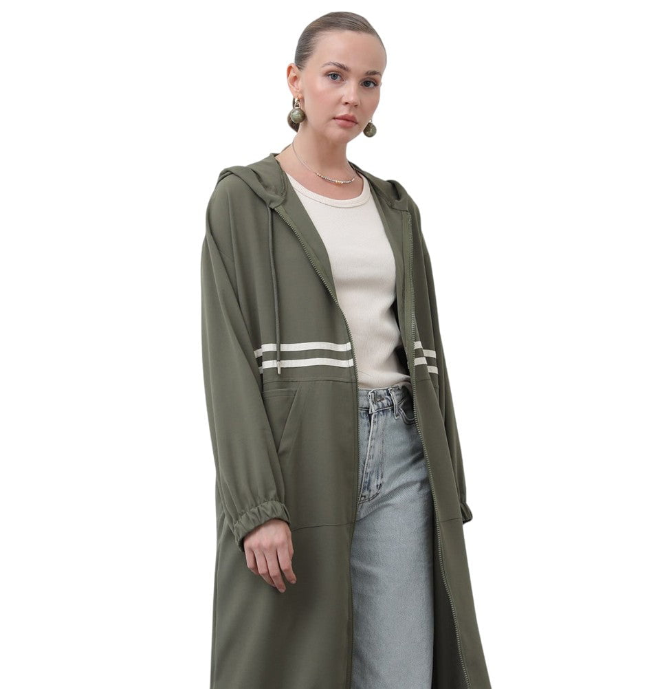 Muslim Women's Longline Zip Hoodie Lightweight Jacket - 15199 Khaki Gr