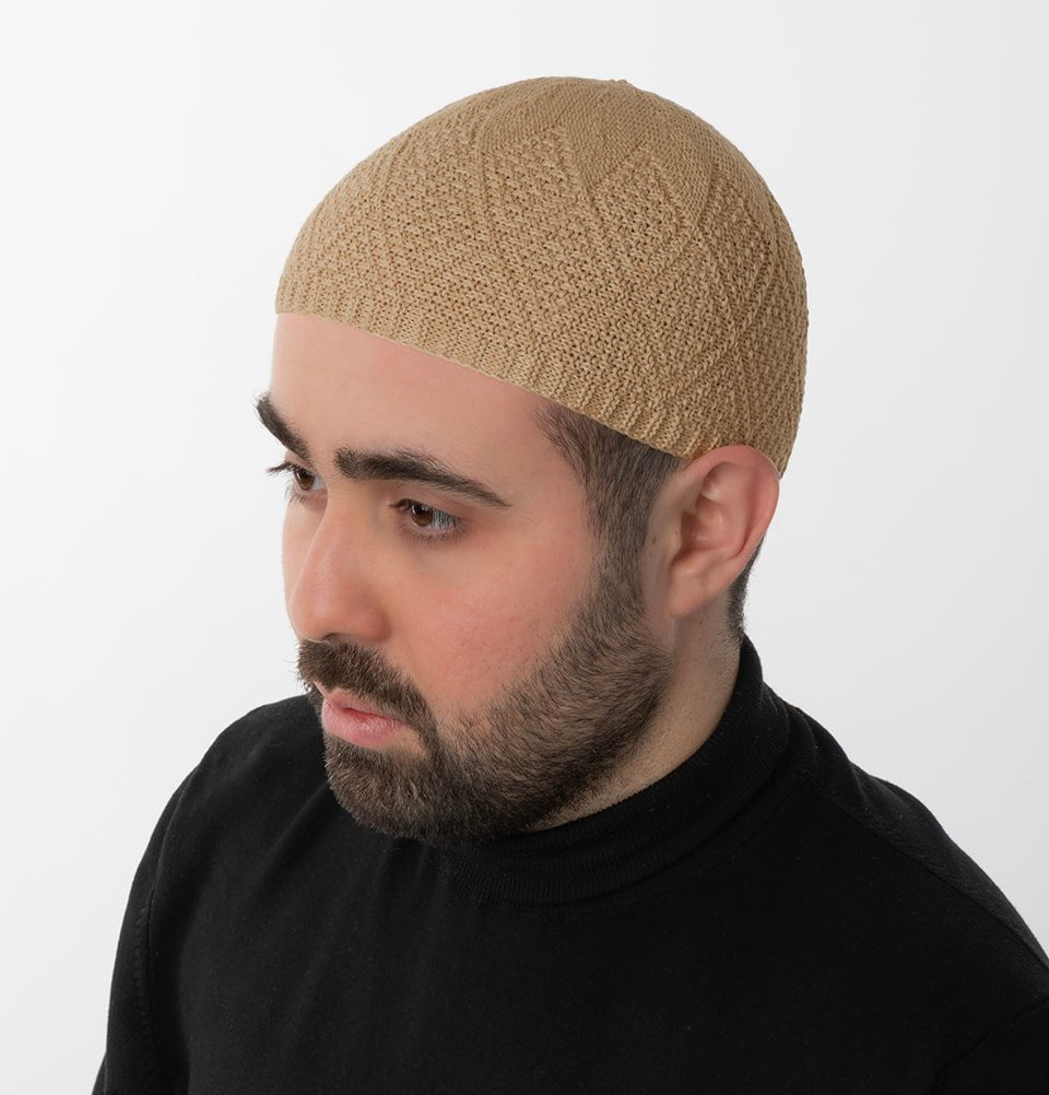 Men's Premium Islamic Diamond Knitted Kufi - Camel Beige