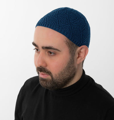 Modefa Kufi Blue Men's Premium Islamic Diamond Knitted Kufi - Dark Teal Blue