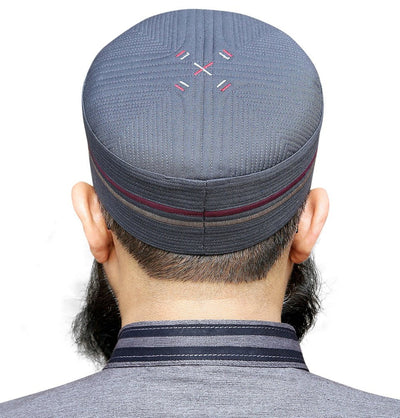 Modefa Kufi Men's Premium Striped Embroidered Islamic Turban Kufi - Dark Grey